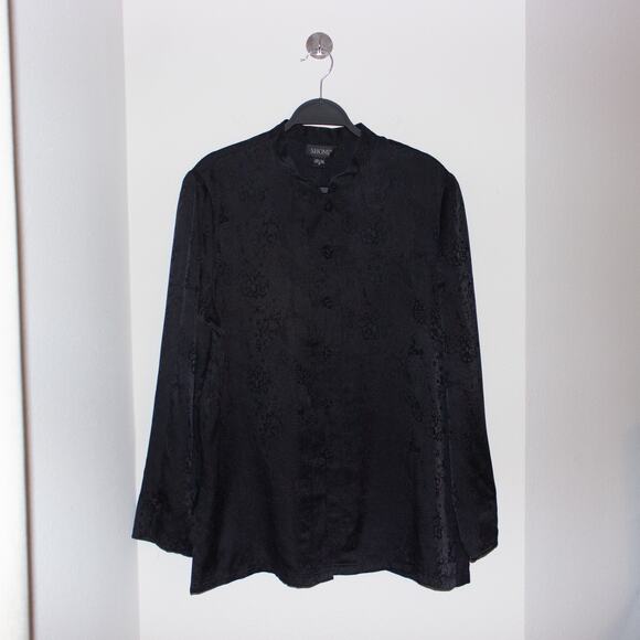 vintage 90s black silk asian mandarin collar frog closure tunic shirt blouse top - Picture 8 of 9